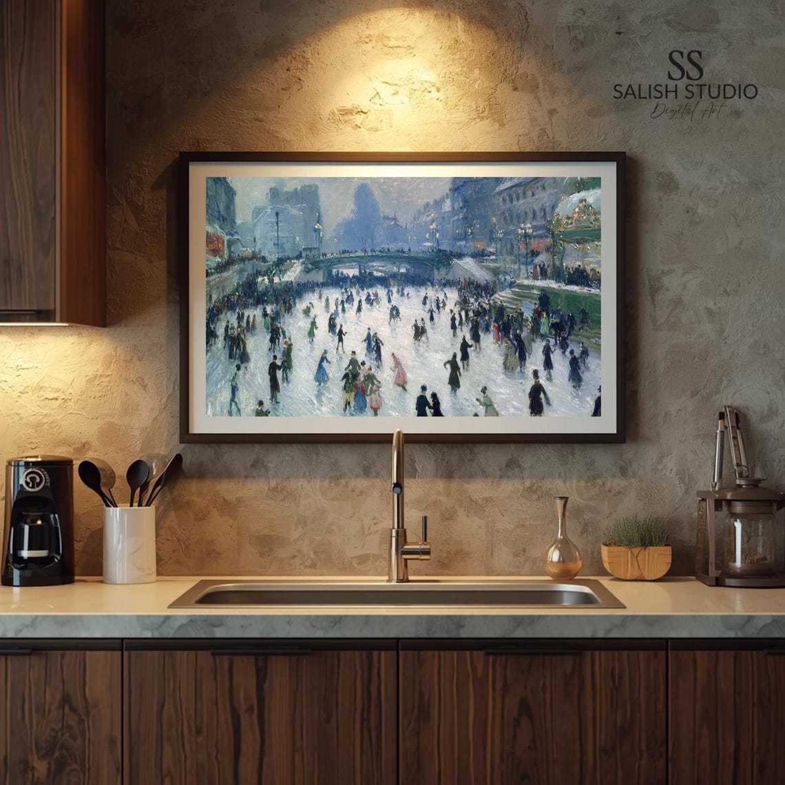 Vintage Ice Skating Crowd in a Winter Park Impressionist Art Poster