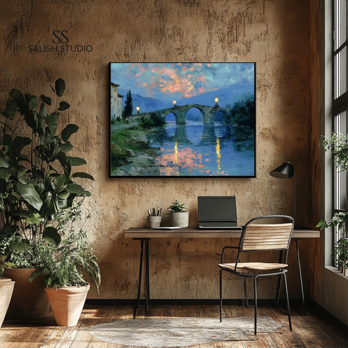 Stone Arch Bridge Twilight River Reflection Vintage Landscape Poster