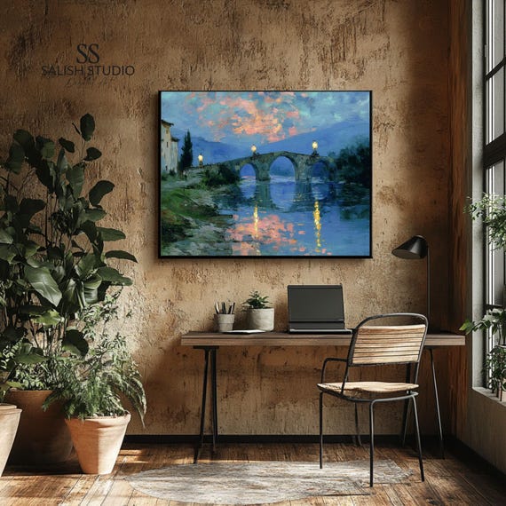Rustic Stone Bridge Landscape Print Vintage River Art