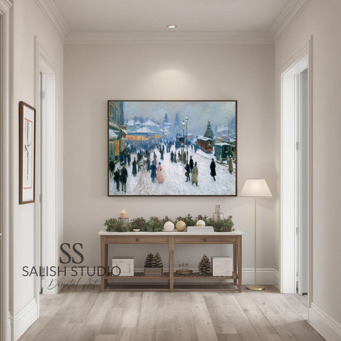 Vintage Snowy Winter City Street Impressionist Holiday Crowd Scene Poster