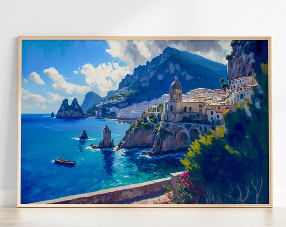 Italian Coastal Town Dome Church Blue Sea Cliffs View Poster