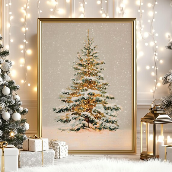 Minimalist Snowy Christmas Tree Lights Golden Holiday Illustration Poster