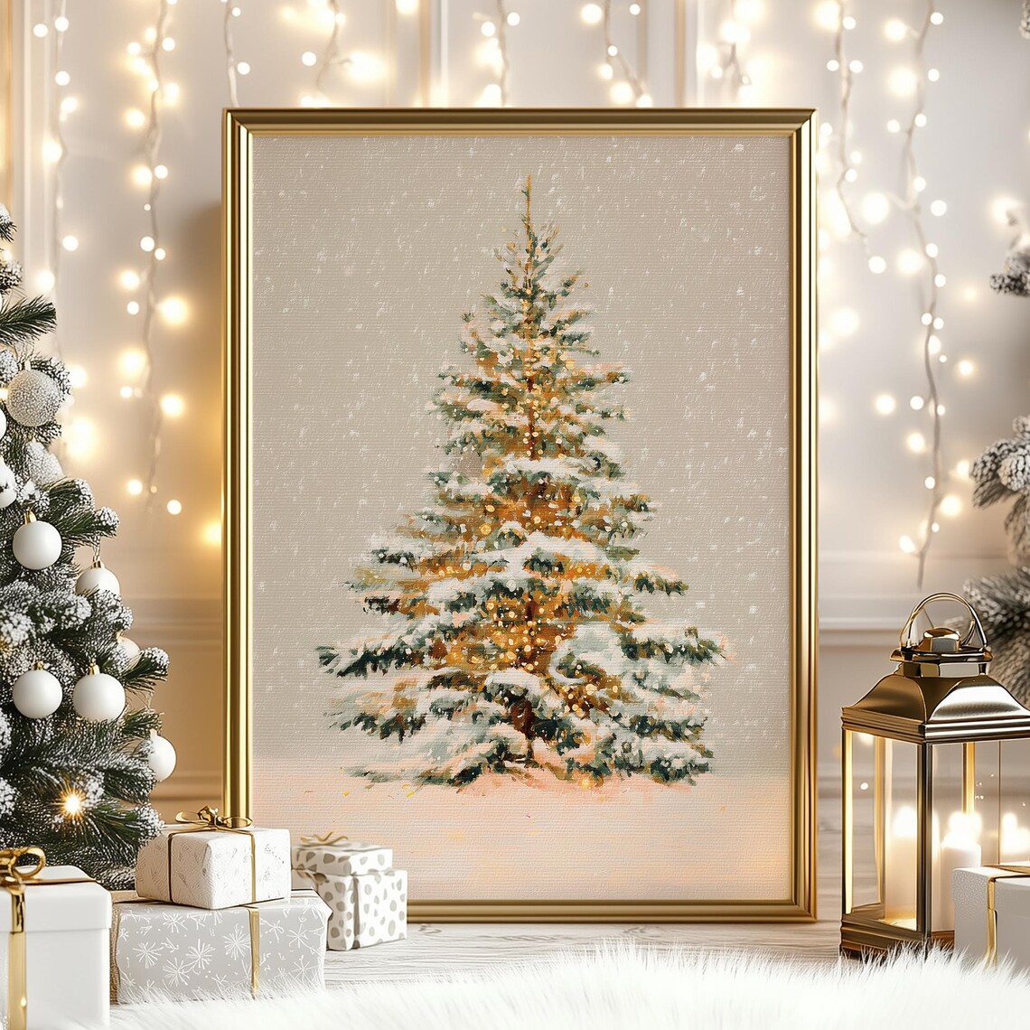 Minimalist Snowy Christmas Tree Lights Golden Holiday Illustration Poster
