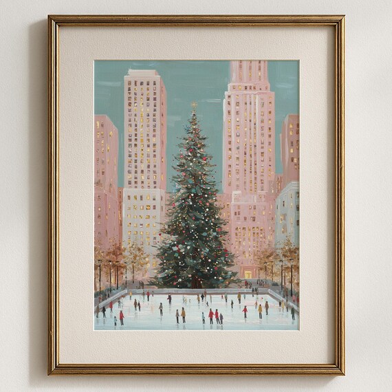 Rockefeller Center Christmas Tree Poster NYC Ice Skating Holiday Art