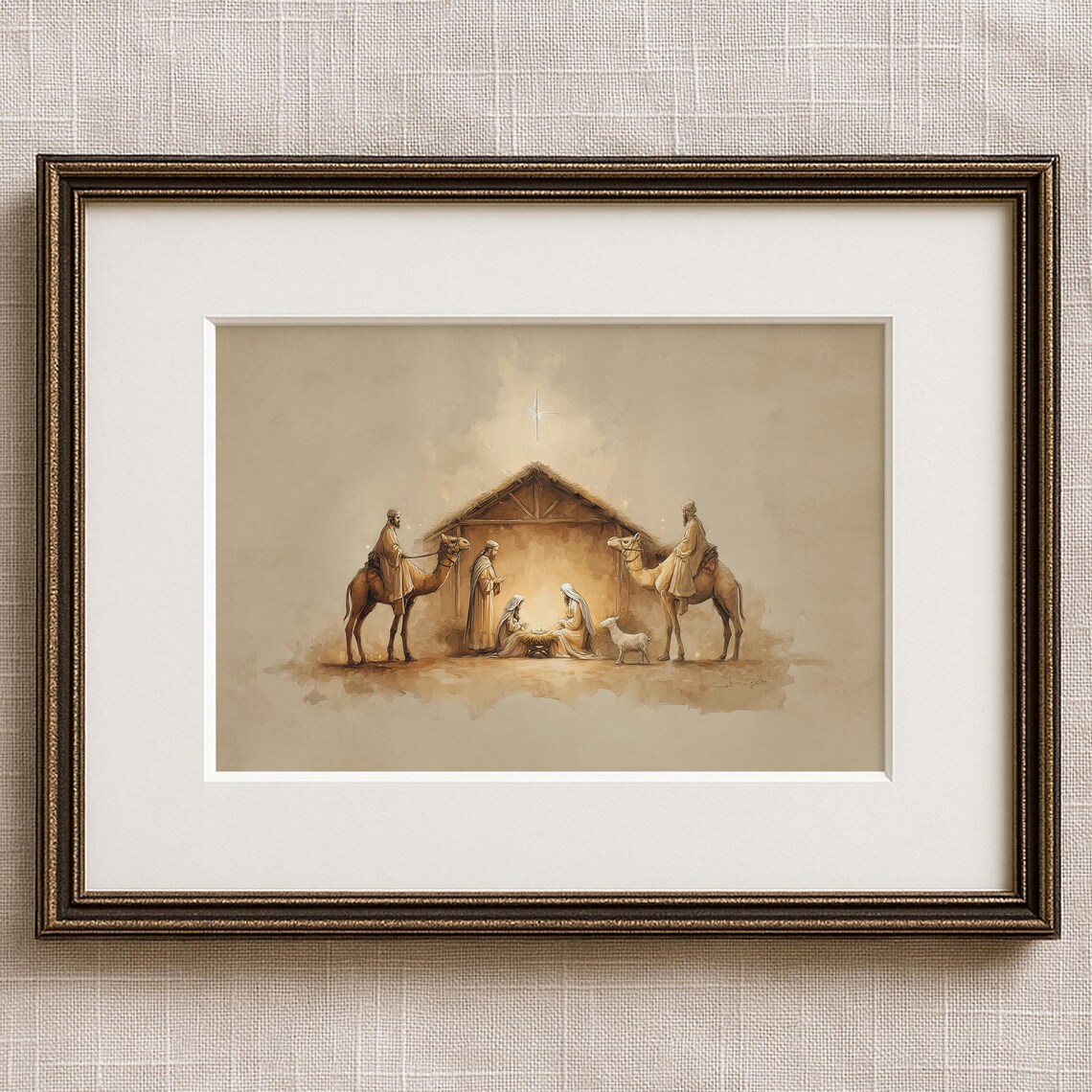 Sepia Nativity Scene Holy Family Wise Men Watercolor Christmas Poster