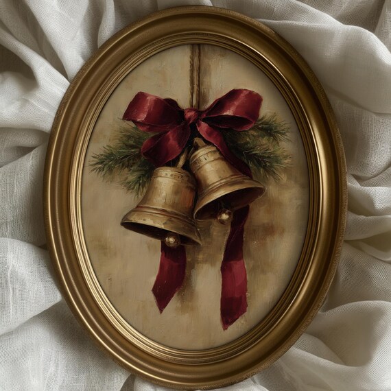 Vintage Brass Christmas Bells Red Ribbon Elegant Holiday Poster