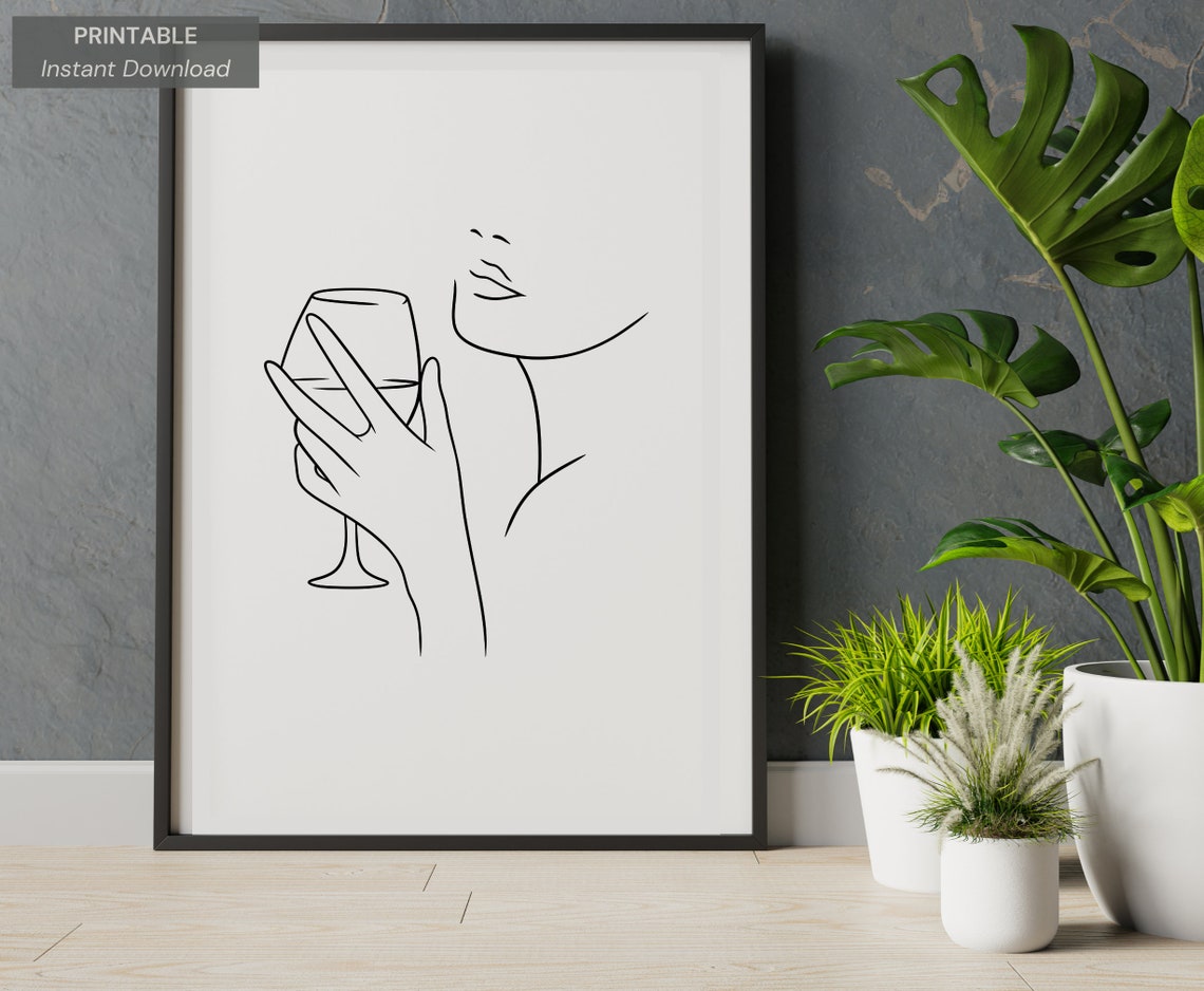 Woman Lips Hand Holding Wine Glass Continuous Line Art Poster - Image 3