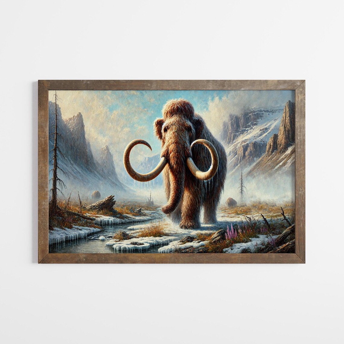 Woolly Mammoth Snowy Valley Ice Age Wildlife Oil Painting Poster