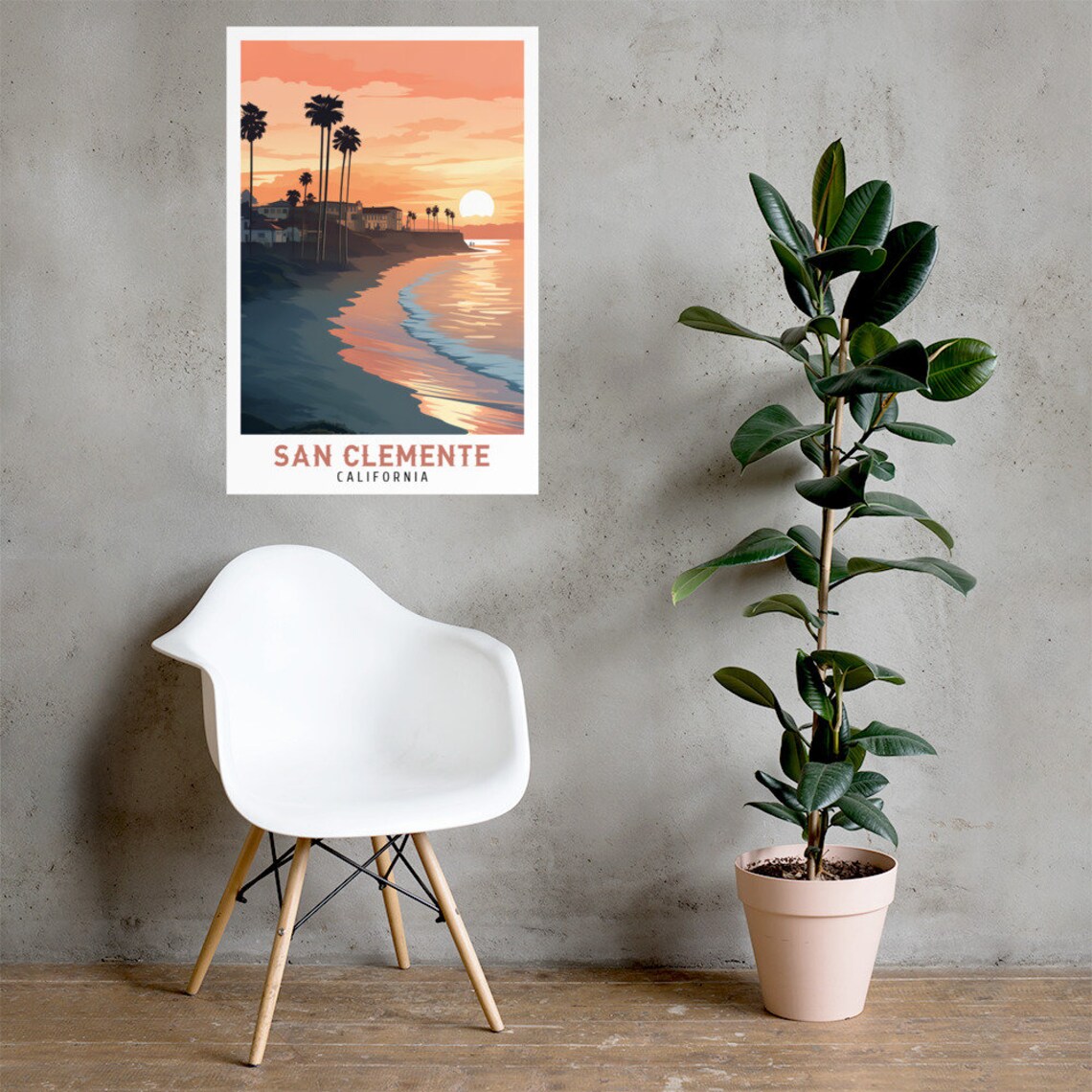 San Clemente California Sunset Beach Palm Trees Travel Poster