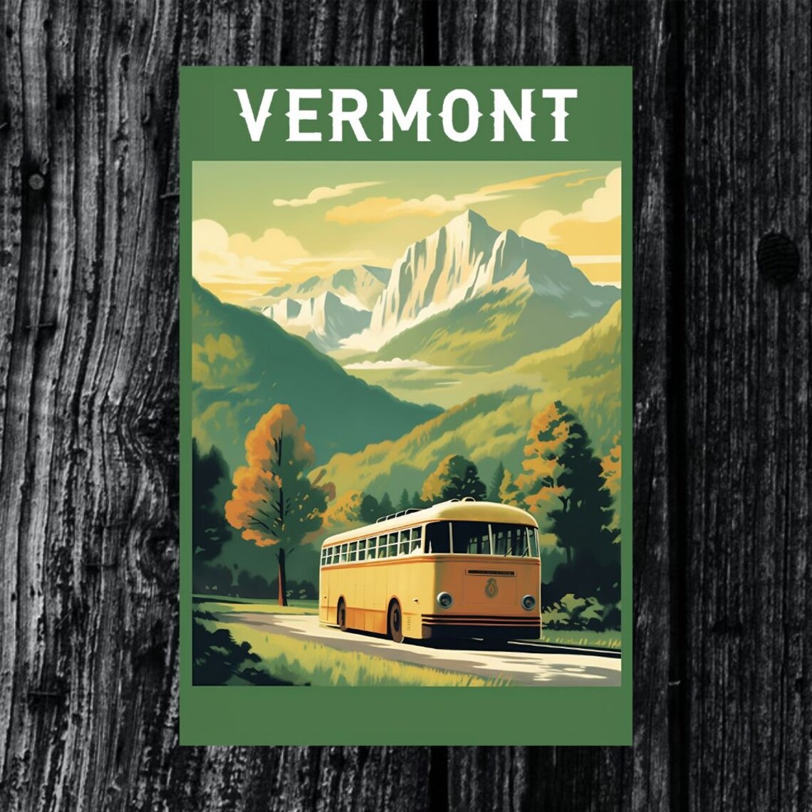 Vermont Green Mountains Fall Foliage Vintage Bus Travel Poster