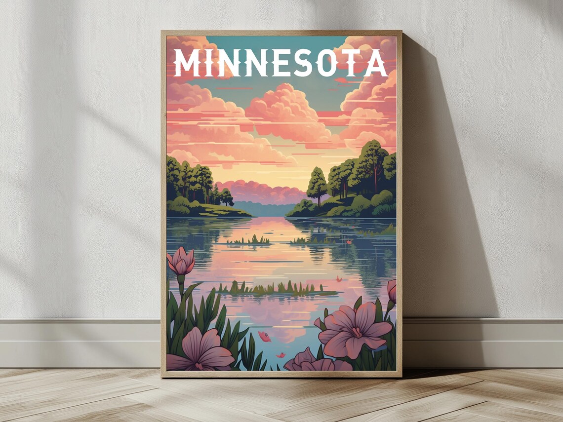 Minnesota Lake Sunset Pink Wildflowers Pine Vintage Travel Poster - Image 2