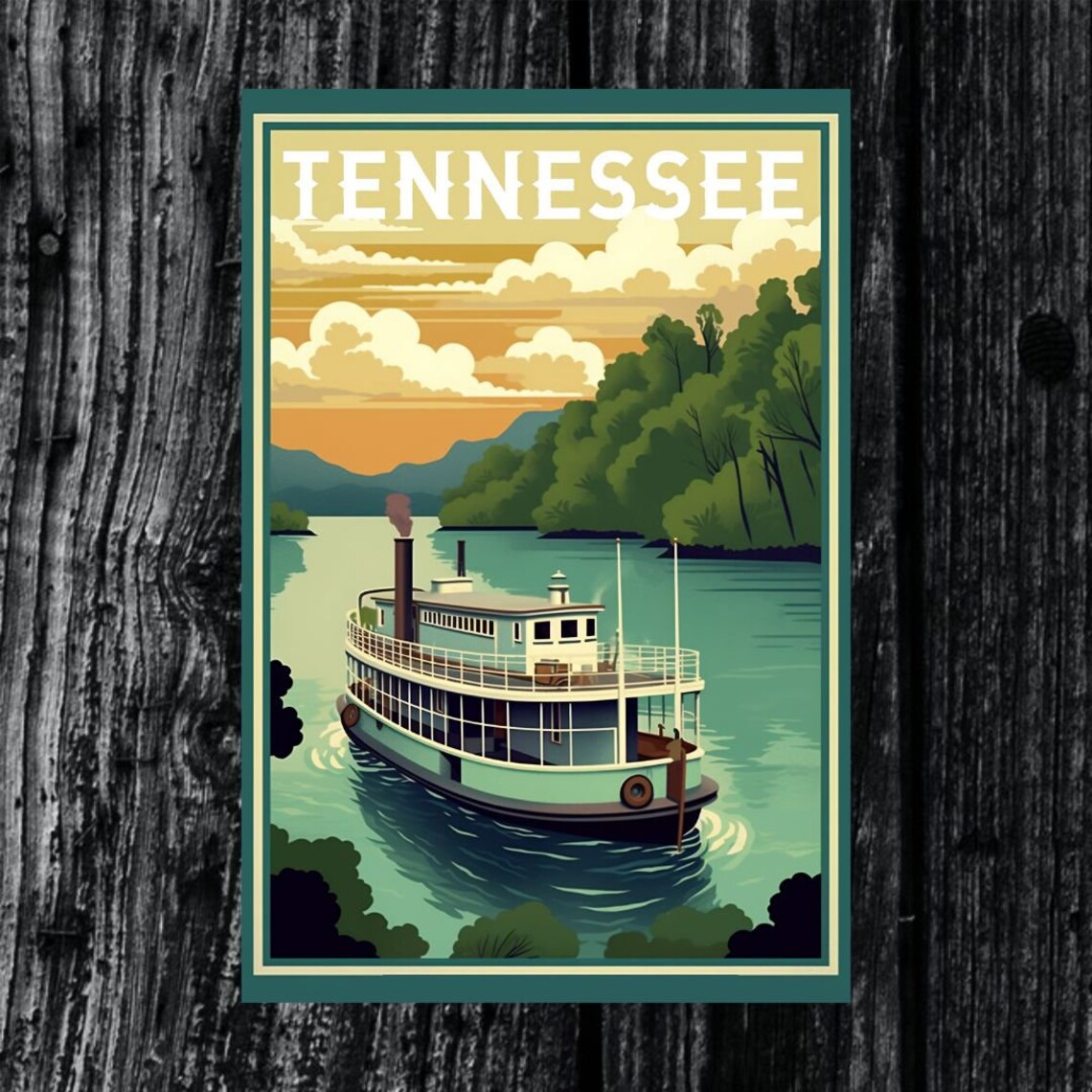 Tennessee Riverboat Steamboat Sunset River Vintage Travel Poster