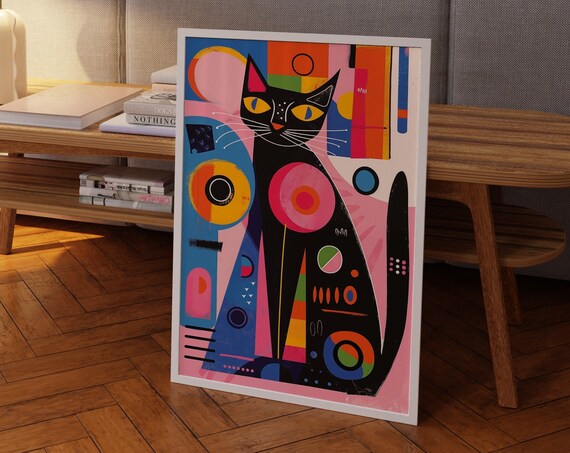 Playful Black Cat Geometric Poster with Colorful Abstract Shapes