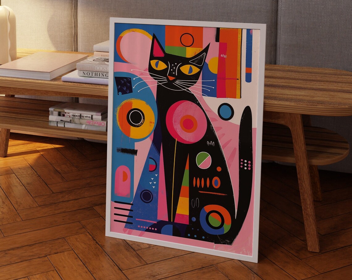 Playful Black Cat Geometric Poster with Colorful Abstract Shapes