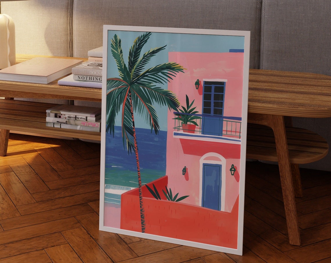 Pink Coastal Villa Poster with Palm Trees Over a Turquoise Sea View