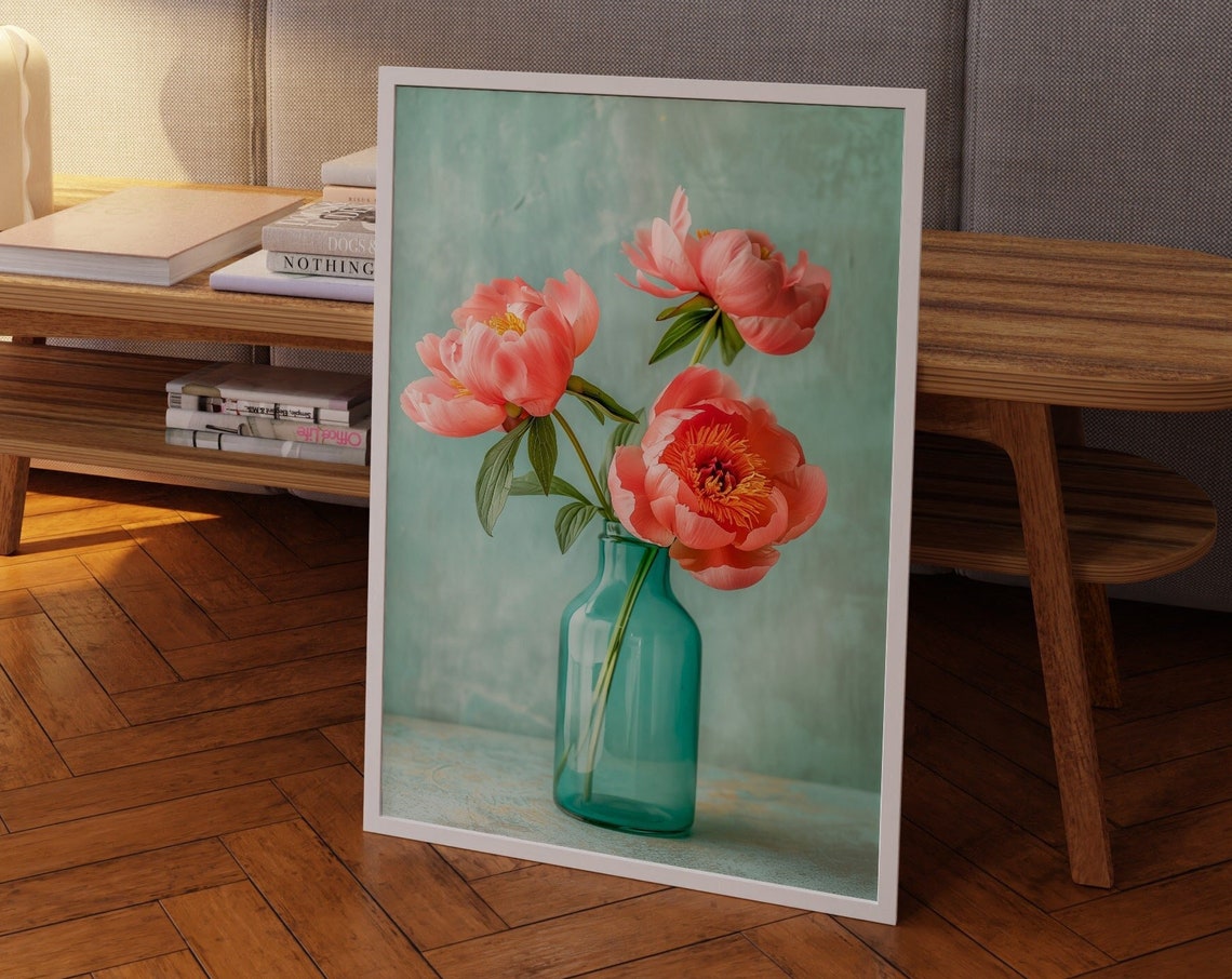 Soft Peony Still Life Poster with Pink Blooms in Teal Glass Vase
