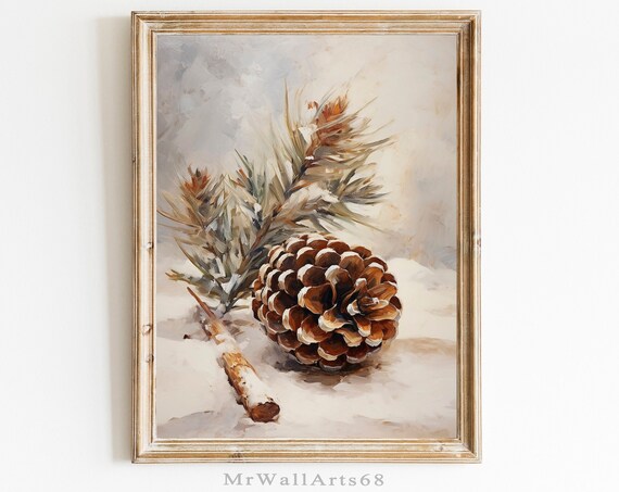 Vintage Pinecone and Pine Branch in Snow Winter Painting Poster