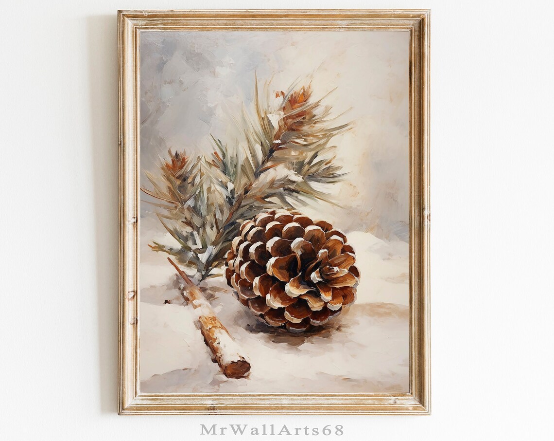 Vintage Pinecone and Pine Branch in Snow Winter Painting Poster