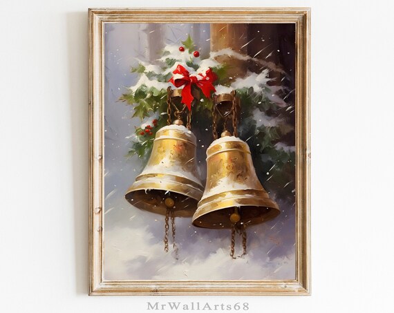 Vintage Brass Christmas Bells Red Bow Snowy Holiday Art Poster