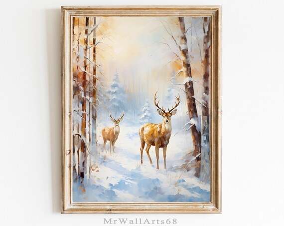 Two Deer in a Snowy Winter Forest Warm Golden Christmas Poster