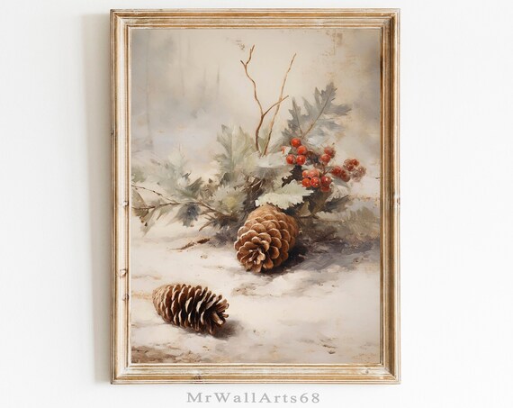 Vintage Pinecones And Red Berries Winter Snow Still Life Print