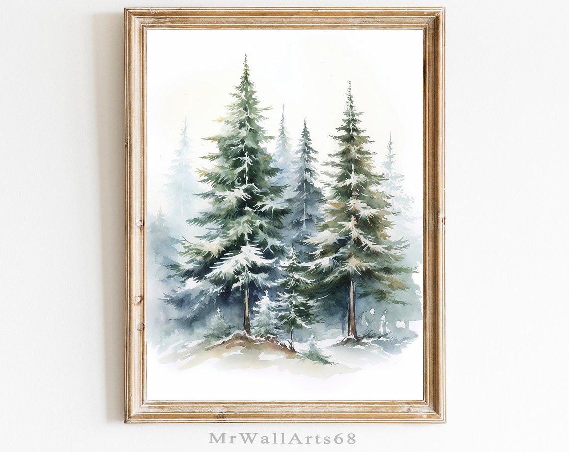 Snowy Pine Trees Watercolor Winter Forest Rustic Wall Decor Poster
