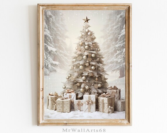 Vintage White Christmas Tree Snowy Gifts Holiday Season Poster