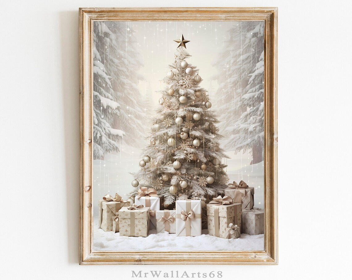 Vintage White Christmas Tree Snowy Gifts Holiday Season Poster
