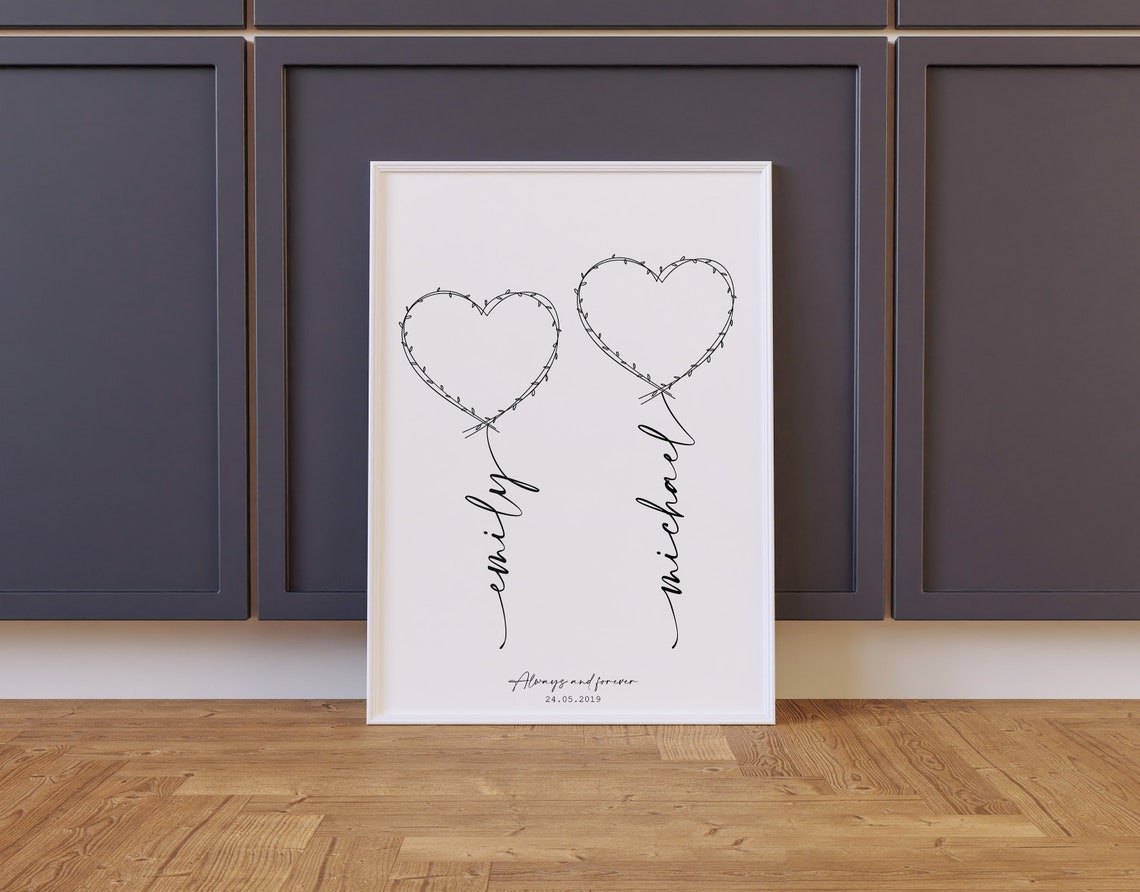 Emily Michael Heart Balloons Personalized Couples Wall Art Print