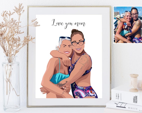 Mother Daughter Beach Portrait From Photo Illustration Print