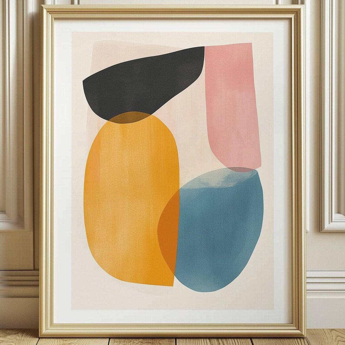 Pink Mustard and Teal Mid Century Modern Abstract Shapes Art Poster