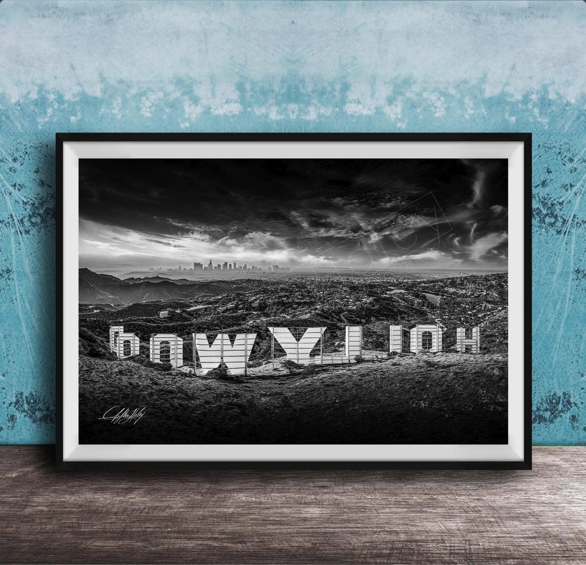 Hollywood Sign in Black and White With Los Angeles Skyline Wall Art