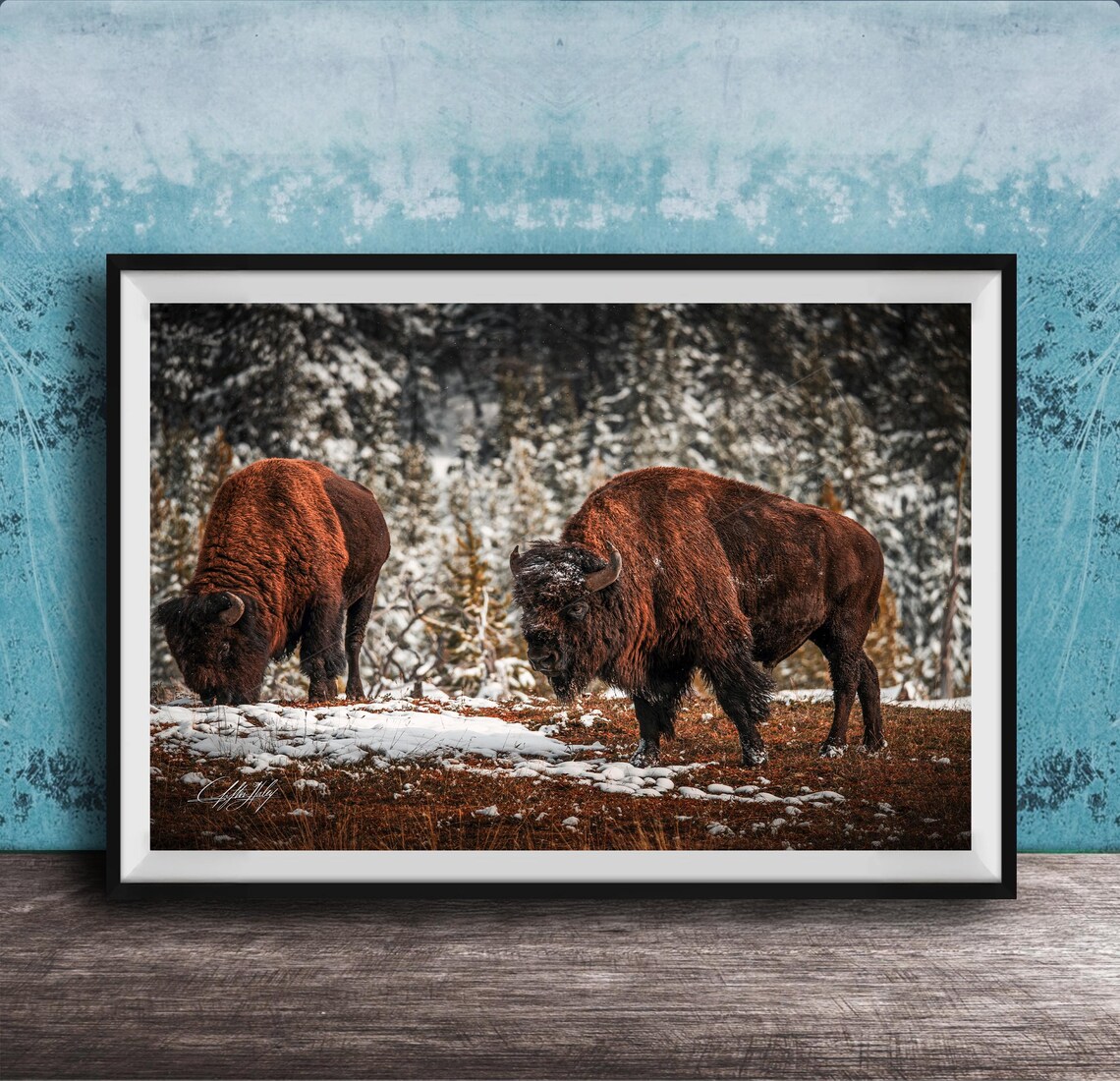 Bison Wall Art Canvas Snowy Scene Rustic Cabin Decor