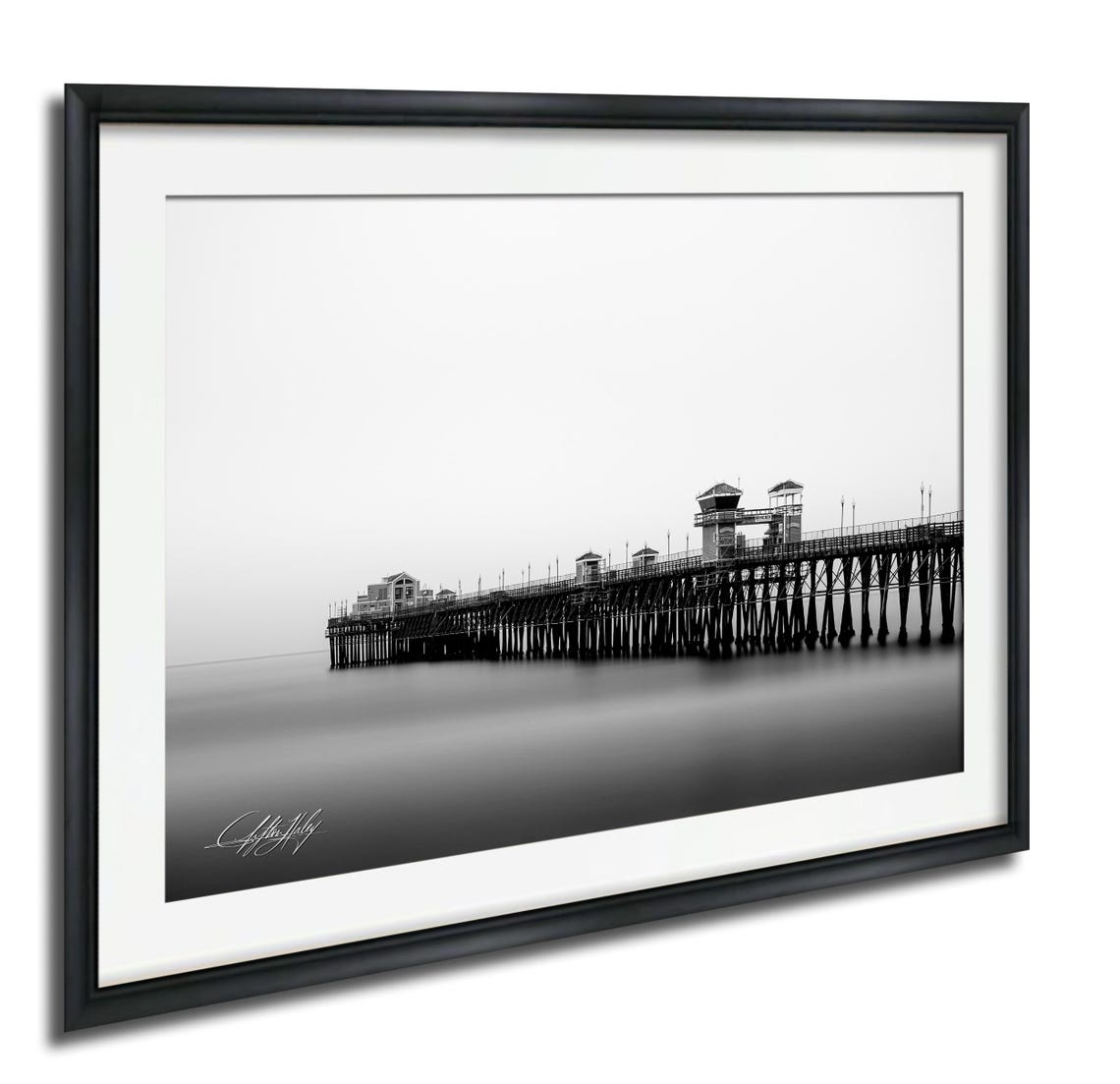 Black and White Pier in Mist Long Exposure Coastal Photography Poster