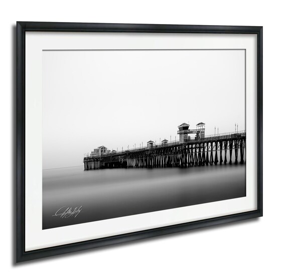 Black and White Pier in Mist Long Exposure Coastal Photography Poster