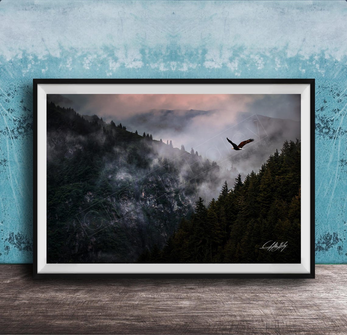 Bald Eagle Flying Over Misty Forest Mountains at Dusk Poster