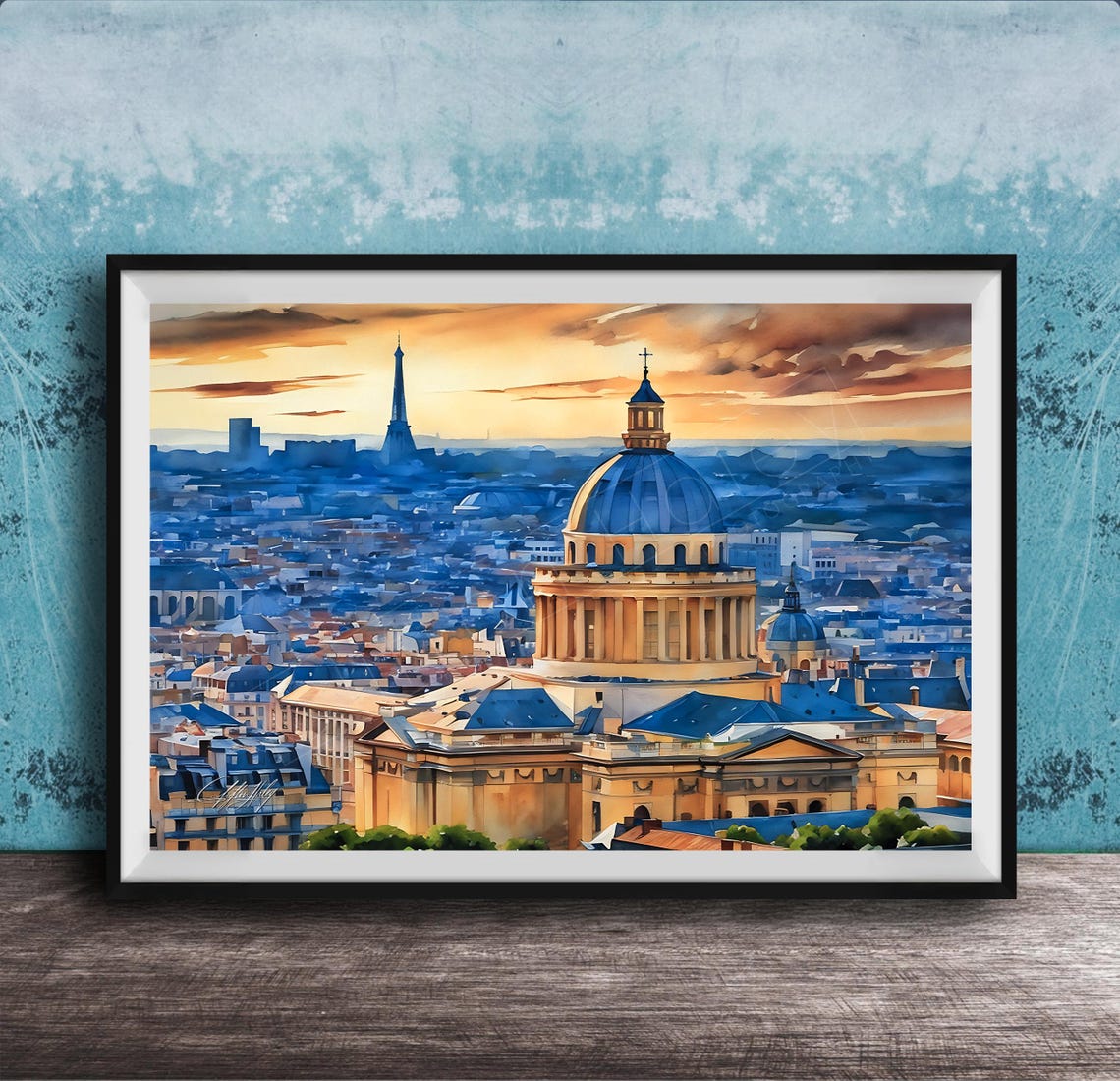 Paris Pantheon Eiffel Tower Golden Hour Watercolor Skyline Poster