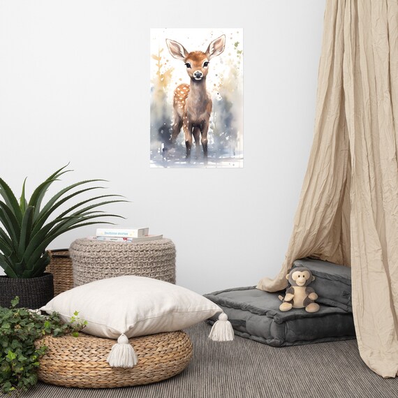 Cute Baby Deer Fawn Watercolor Painting Nursery Decor Poster