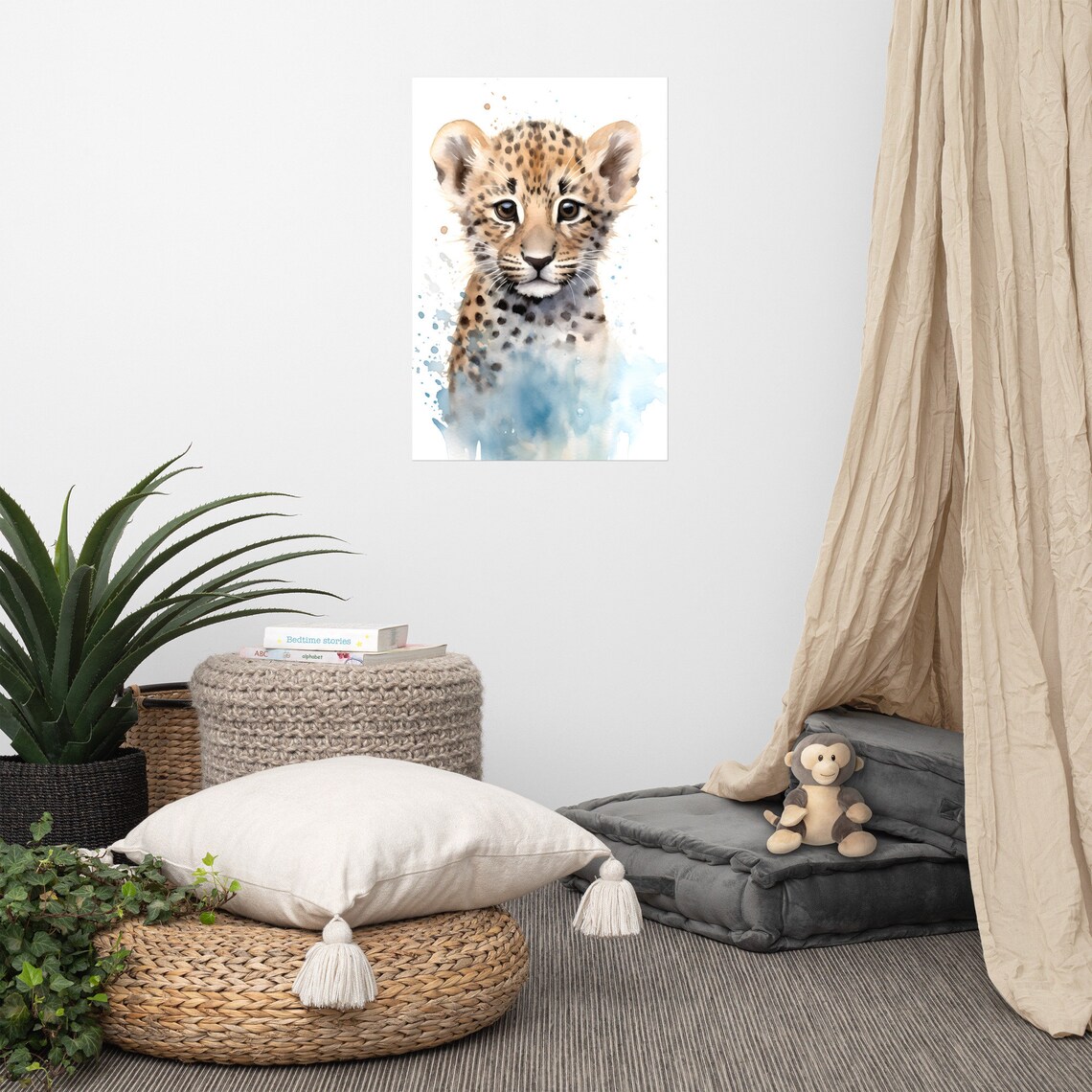Cute Baby Leopard Cub Watercolor Wild Cat Nursery Poster for Kids Room