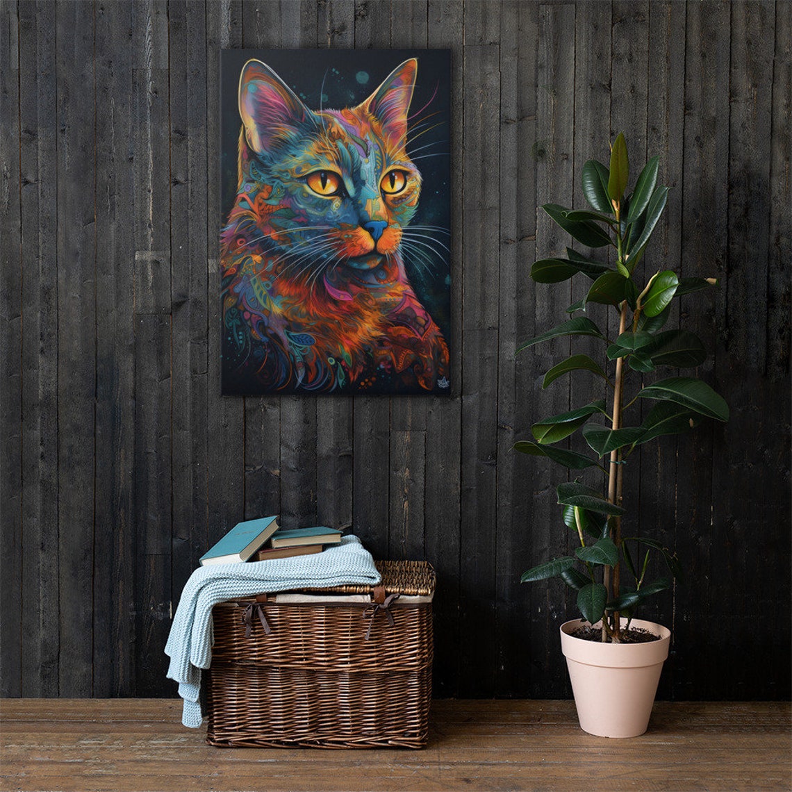 Vibrant Patterned Cat Portrait Amber Eyes Jewel Tone Animal Poster