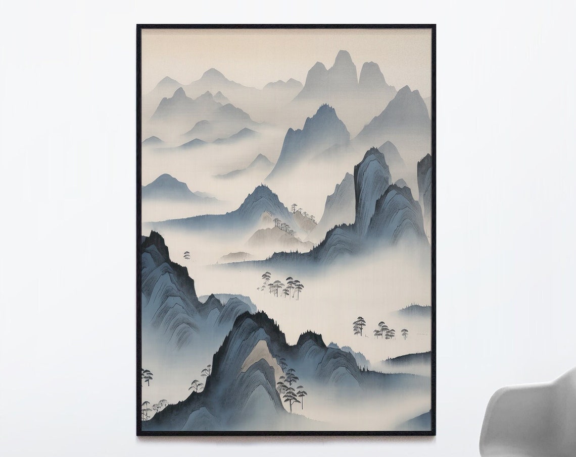 Japanese Blue Mountain Peaks Mist Ink Wash Zen Landscape Poster - Image 3