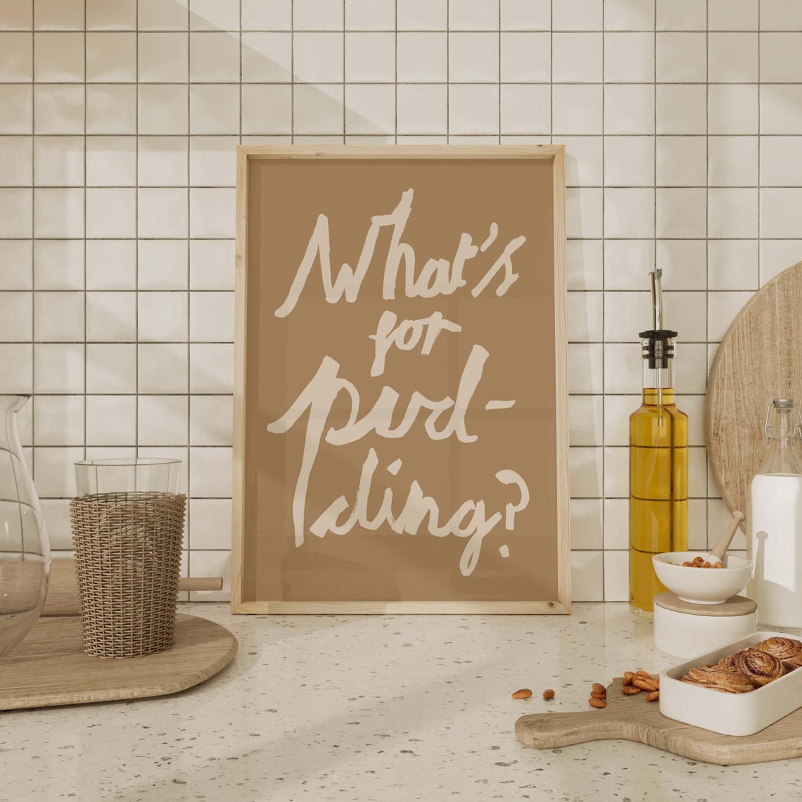 Whats For Pudding Cream Script Tan Cozy Kitchen Humor Poster