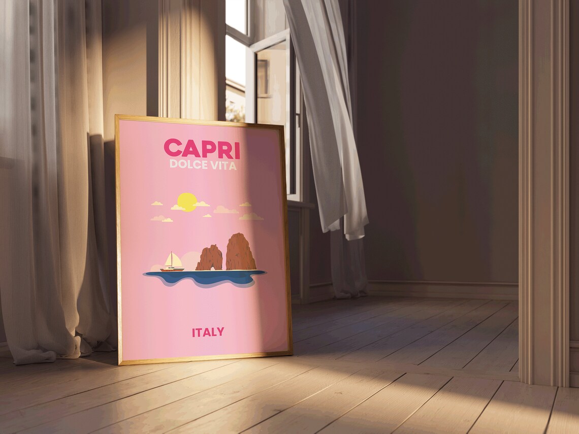 Capri Dolce Vita Pink Faraglioni Rocks Sailboat Italy Travel Poster - Image 2