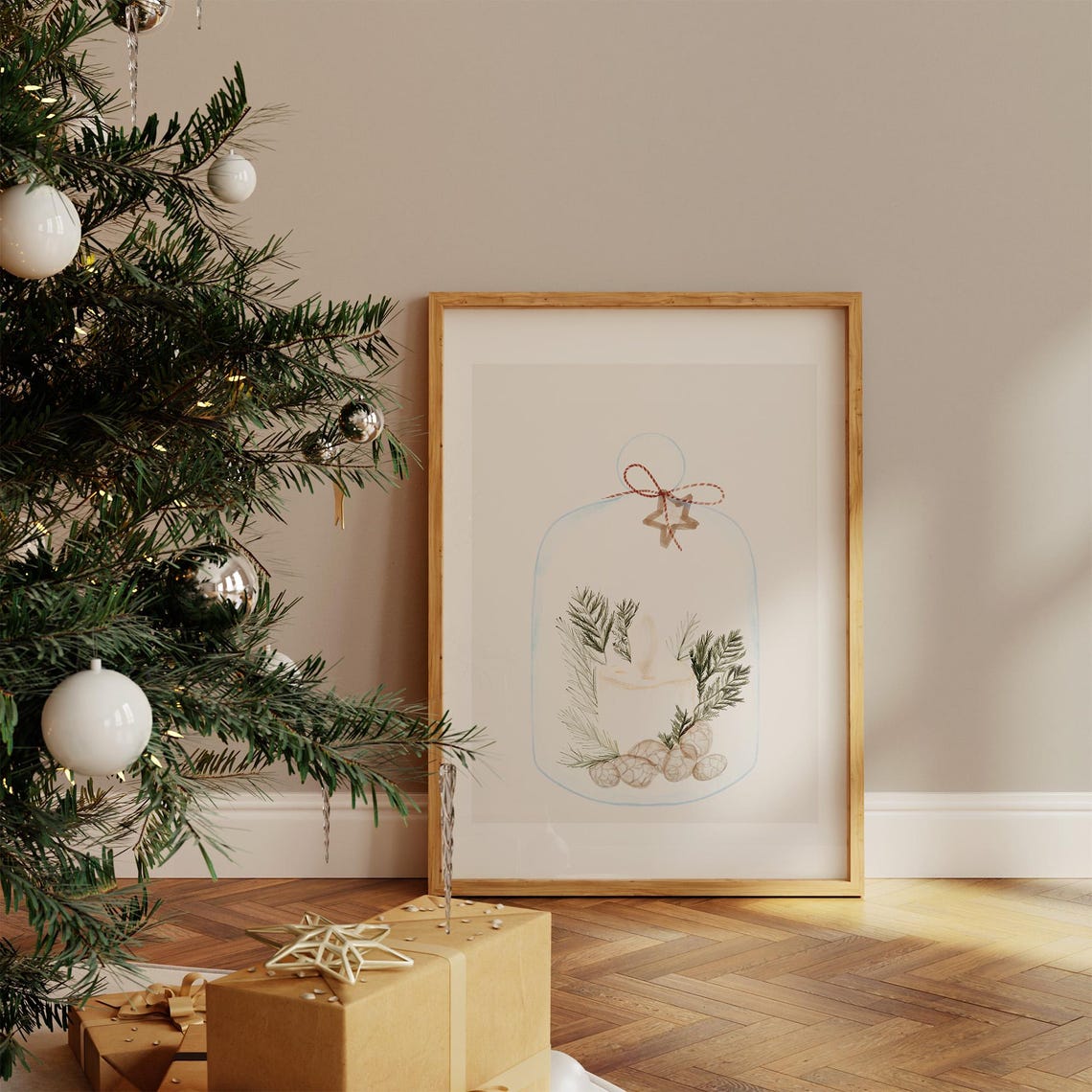 Christmas Candle Cloche Pine Branches Star Watercolor Holiday Wall Art