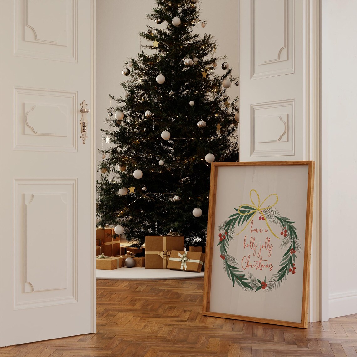 Holly Jolly Christmas Wreath Gold Bow Berries Festive Holiday Wall Art - Image 3