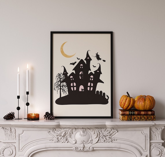 Haunted House Silhouette Witch Broom Crescent Moon Halloween Wall Art