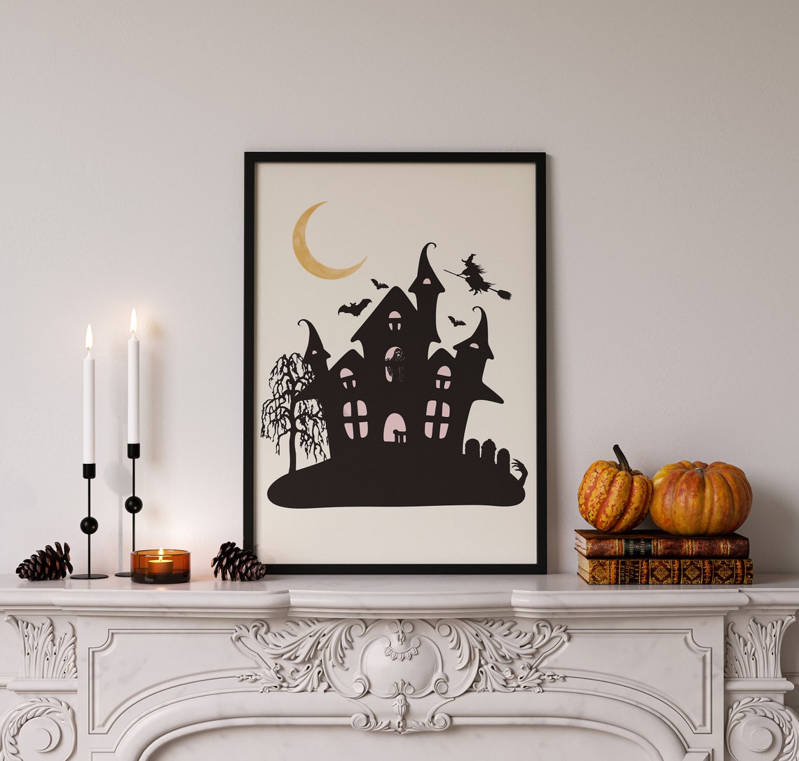 Haunted House Silhouette Witch Broom Crescent Moon Halloween Wall Art