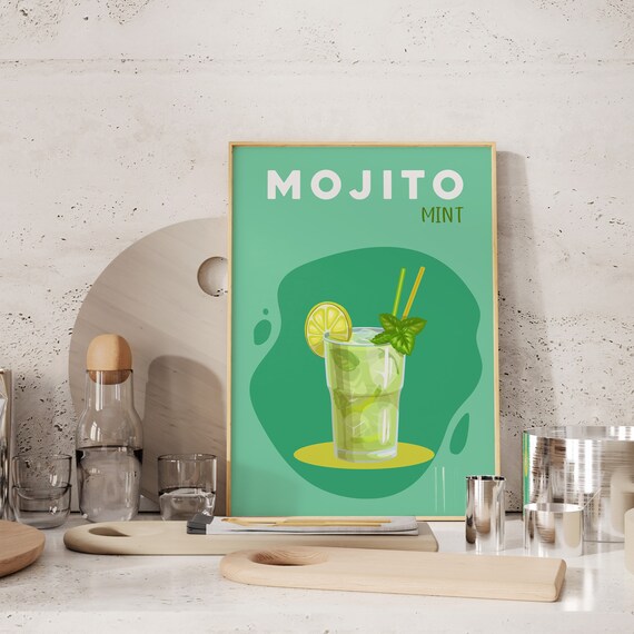Mojito Mint Green Retro Cocktail Illustration Bar Cart Wall Art