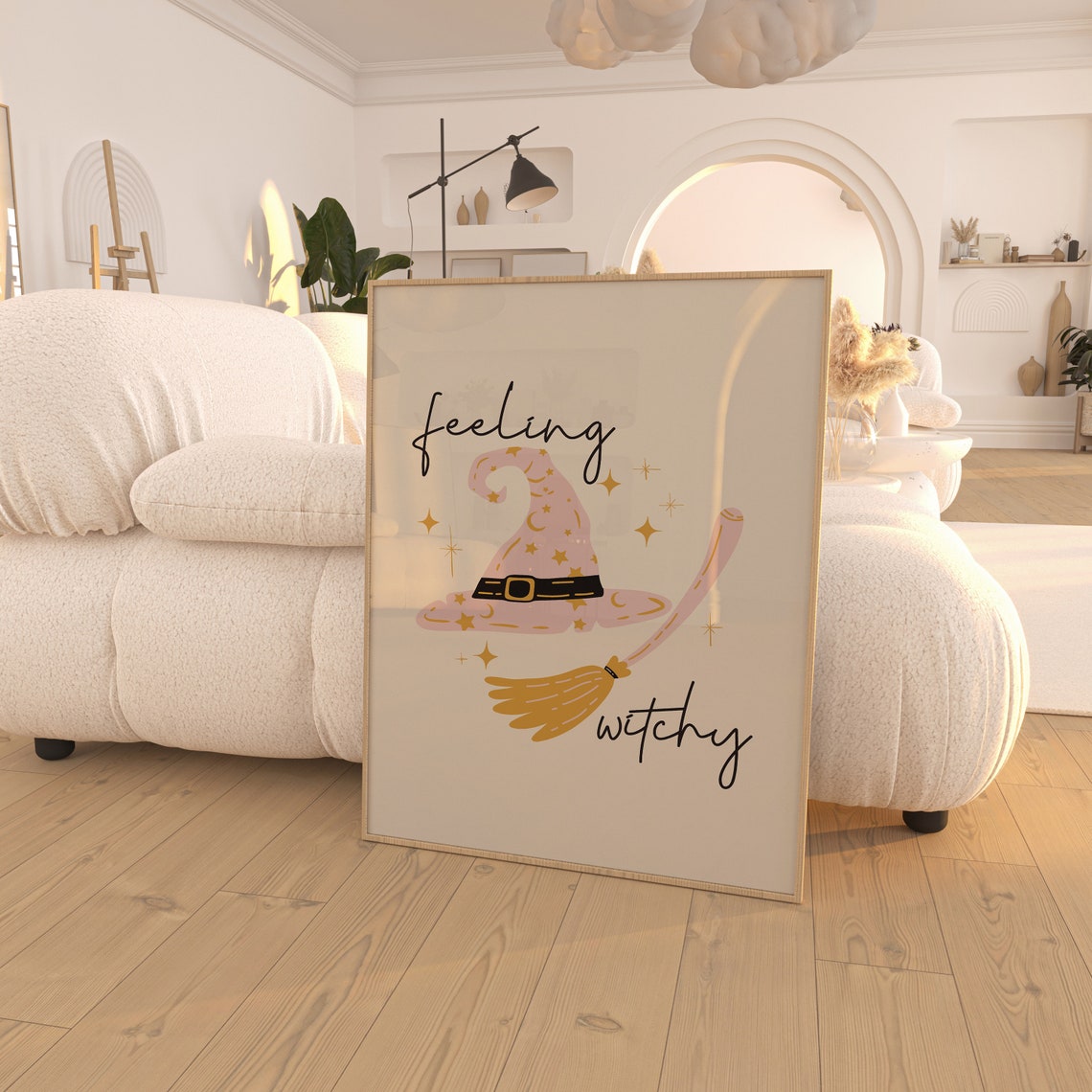 Feeling Witchy Pink Witch Hat Broom Cute Pastel Halloween Wall Art - Image 3