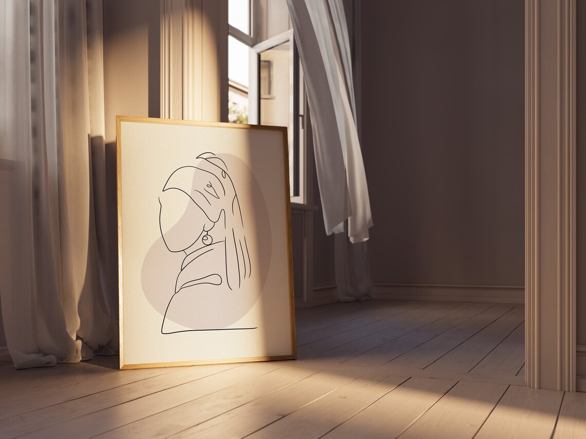 Girl With Pearl Earring Continuous Line Art Minimalist Beige Art Print - Image 4
